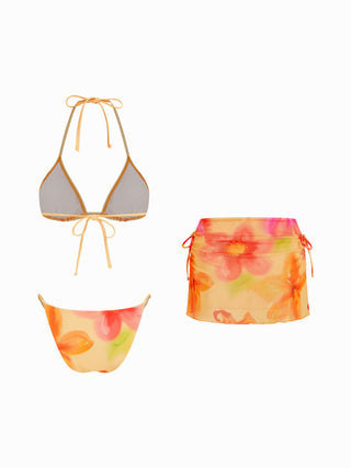 Floral Halter Neckline Triangle Bikini Set With Ruched Tie Side Skirt