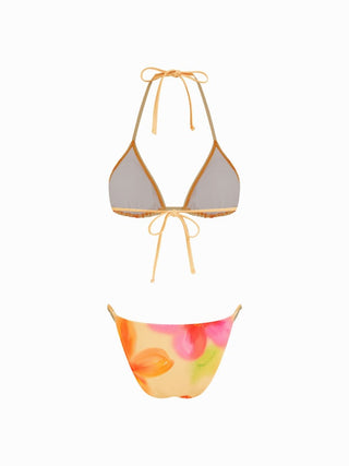 Floral Halter Neckline Triangle Bikini Set With Ruched Tie Side Skirt
