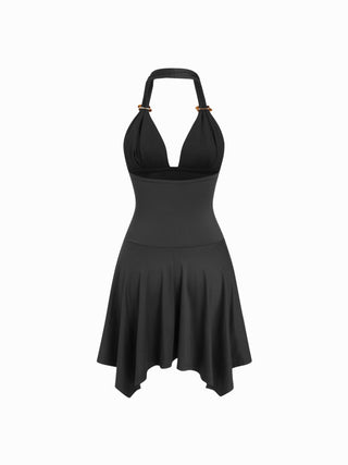 High Stretch Halter Neckline Asymmetrical Flared Mini Dress
