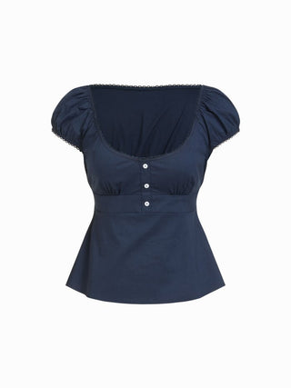 Cotton-blend Scoop Neckline Puff Sleeve Ruched Lace Trim Blouse
