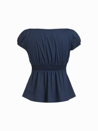 Cotton-blend Scoop Neckline Puff Sleeve Ruched Lace Trim Blouse