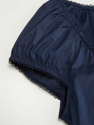 Cotton-blend Scoop Neckline Puff Sleeve Ruched Lace Trim Blouse