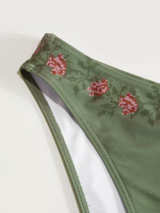 Scoop Neckline Floral Bracelet Cheeky Bikini Set With Ruffle Beach Skirt