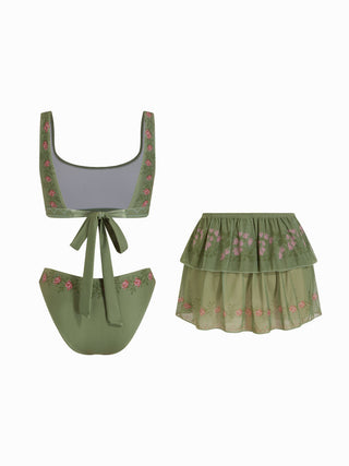 Scoop Neckline Floral Bracelet Cheeky Bikini Set With Ruffle Beach Skirt