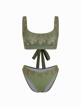 Scoop Neckline Floral Bracelet Cheeky Bikini Set With Ruffle Beach Skirt