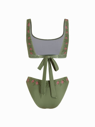 Scoop Neckline Floral Bracelet Cheeky Bikini Set With Ruffle Beach Skirt