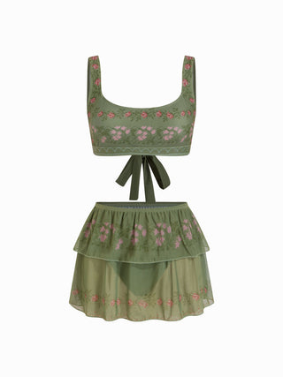 Scoop Neckline Floral Bracelet Cheeky Bikini Set With Ruffle Beach Skirt