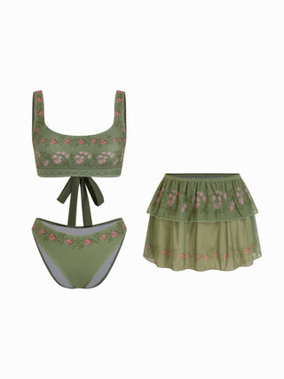 Scoop Neckline Floral Bracelet Cheeky Bikini Set With Ruffle Beach Skirt