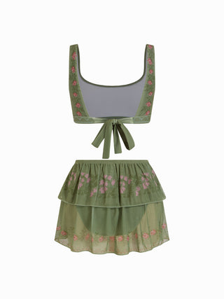 Scoop Neckline Floral Bracelet Cheeky Bikini Set With Ruffle Beach Skirt