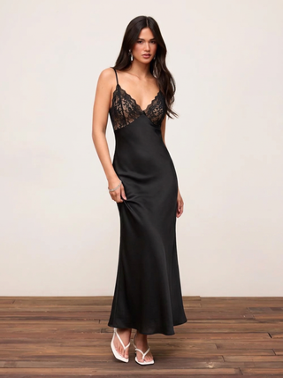 Satin V-Neck Lace Panel Mermaid Maxi Dress