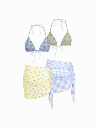 Reversible Floral & Gingham Halter Neckline Triangle Bikini Set With Cover Up Skirt