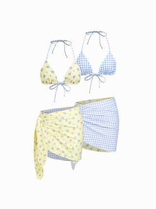 Reversible Floral & Gingham Halter Neckline Triangle Bikini Set With Cover Up Skirt