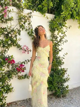 Lace V-neck Floral Ruffle Maxi Dress