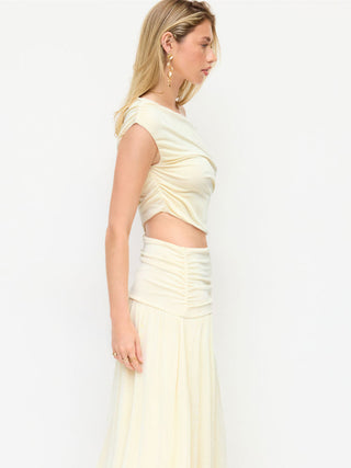 Asymmetrical Neck Ruched Waist Cutout High Stretch Bodycon Maxi Dress