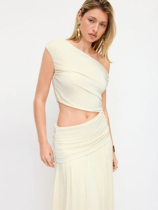 Asymmetrical Neck Ruched Waist Cutout High Stretch Bodycon Maxi Dress