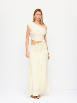 Asymmetrical Neck Ruched Waist Cutout High Stretch Bodycon Maxi Dress