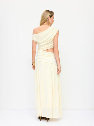 Asymmetrical Neck Ruched Waist Cutout High Stretch Bodycon Maxi Dress