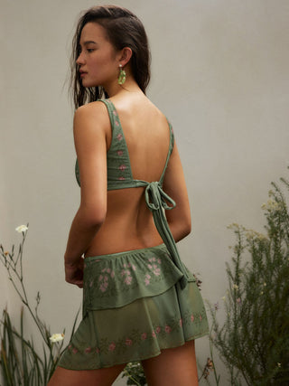 Scoop Neckline Floral Bracelet Cheeky Bikini Set With Ruffle Beach Skirt