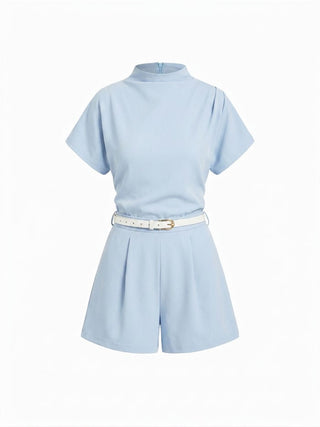 Stand Collar Romper With Belt