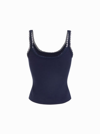 Cotton-blend Polka Dot Scoop Neckline Lace Trim Cami Top