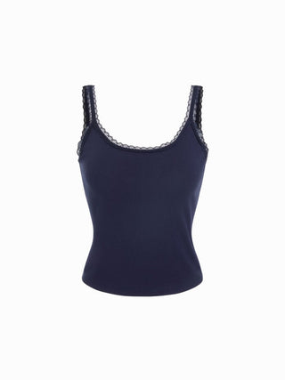 Cotton-blend Polka Dot Scoop Neckline Lace Trim Cami Top
