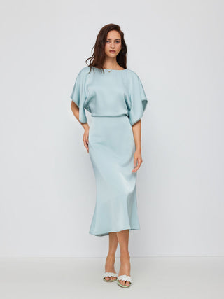 Satin Boat Neck Batwing Sleeve Lace Trim Maxi Dress
