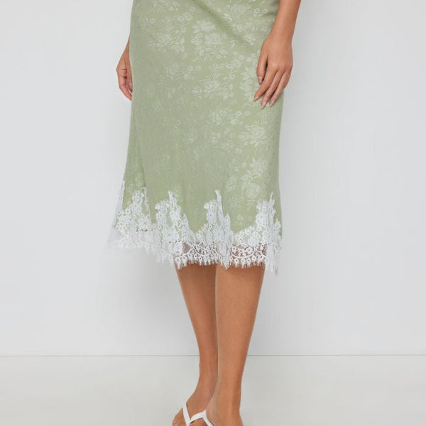 Jacquard Mid Rise Floral Lace Trim Mermaid Midi Skirt