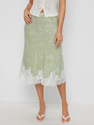 Jacquard Mid Rise Floral Lace Trim Mermaid Midi Skirt