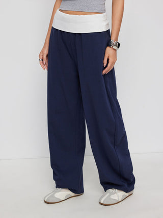 Cotton-blend Mid Rise Colorblock Pocket Barrel-leg Trousers