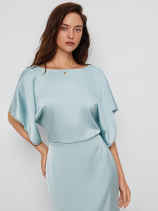 Satin Boat Neck Batwing Sleeve Lace Trim Maxi Dress
