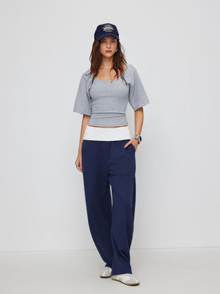 Cotton-blend Mid Rise Colorblock Pocket Barrel-leg Trousers
