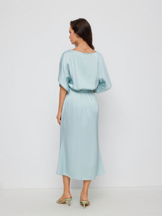 Satin Boat Neck Batwing Sleeve Lace Trim Maxi Dress