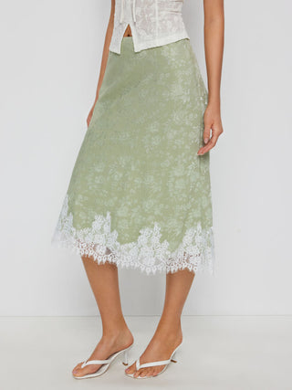 Jacquard Mid Rise Floral Lace Trim Mermaid Midi Skirt
