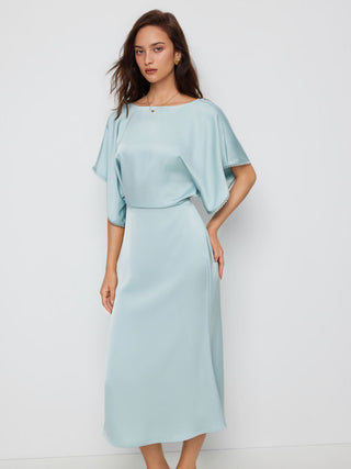 Satin Boat Neck Batwing Sleeve Lace Trim Maxi Dress