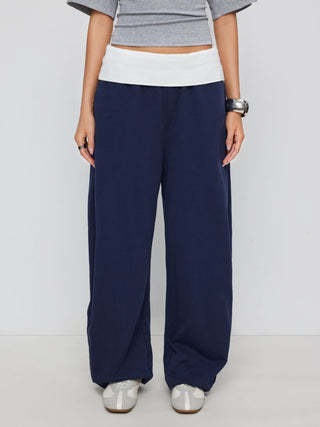 Cotton-blend Mid Rise Colorblock Pocket Barrel-leg Trousers