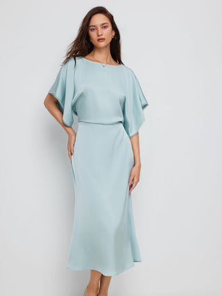 Satin Boat Neck Batwing Sleeve Lace Trim Maxi Dress