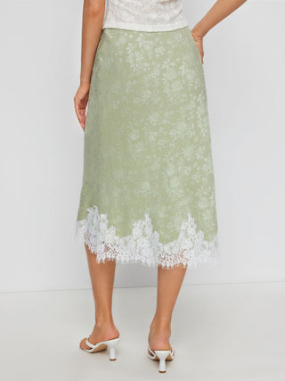 Jacquard Mid Rise Floral Lace Trim Mermaid Midi Skirt