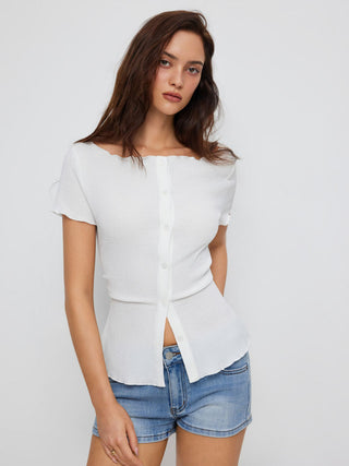Textured Boat Neck Button Up Lettuce Trim Short Sleeve Top
