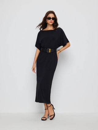 High Stretch Boat Neck Batwing Sleeve Straight Maxi Dress With Belt