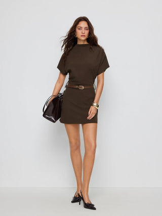 Stand Collar Short Sleeve Ruched A-line Mini Dress With Belt