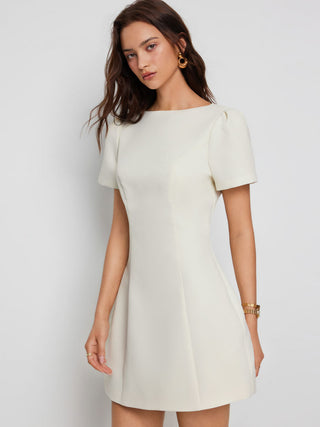 Round Neckline Puff Sleeve Mini Straight Dress