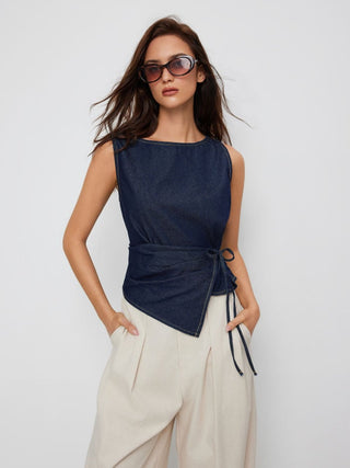 Washed Denim Boat Neck Wrap Tie Waist Asymmetrical Hem Vest
