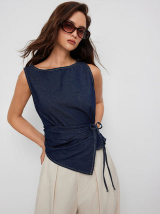 Washed Denim Boat Neck Wrap Tie Waist Asymmetrical Hem Vest