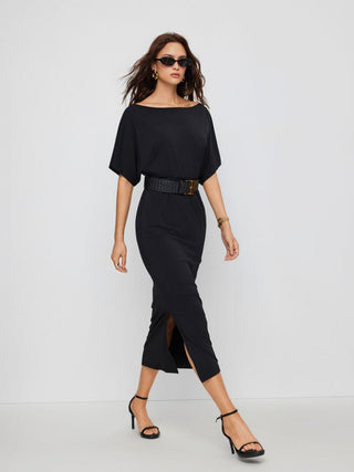 High Stretch Boat Neck Batwing Sleeve Straight Maxi Dress With Belt