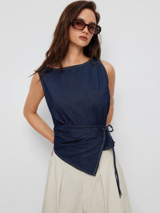 Washed Denim Boat Neck Wrap Tie Waist Asymmetrical Hem Vest