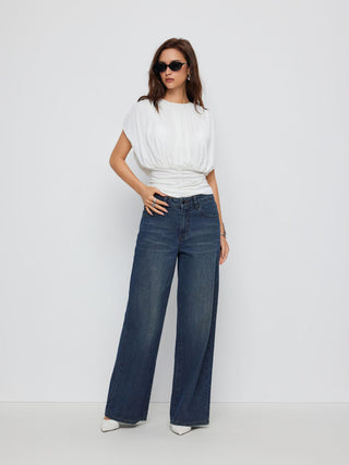 Draped Ruched Round Neckline Sleeveless Top