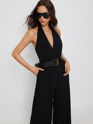 Knit Fabric Halter Neckline Lace Trim Wide Leg Jumpsuit With Belt For Daily Casual Date