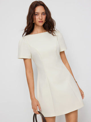 Round Neckline Puff Sleeve Mini Straight Dress