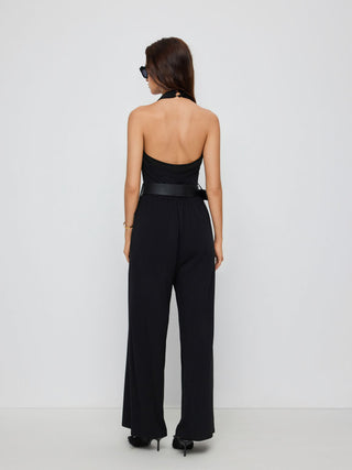 Knit Fabric Halter Neckline Lace Trim Wide Leg Jumpsuit With Belt For Daily Casual Date