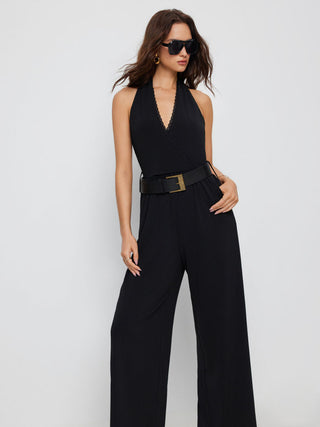 Knit Fabric Halter Neckline Lace Trim Wide Leg Jumpsuit With Belt For Daily Casual Date